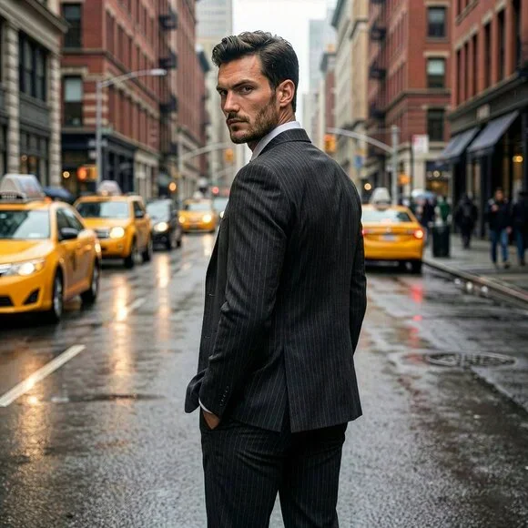 New 2026 Mens 3pc Pinstripe Dark Grey Suit Set, Hybrid Fit - Picture 3 of 3